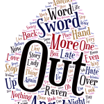 Word cloud drawn from the final scene of the epic romantasy novel Raven's Tears. It's in the shape of a teardrop. The most common word in the cloud is "out."