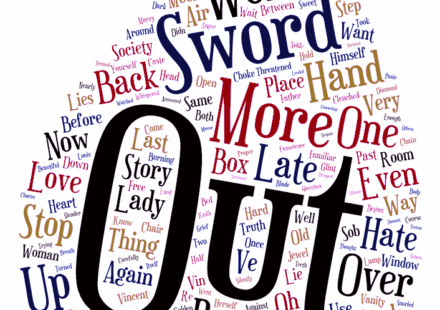 Word cloud drawn from the final scene of the epic romantasy novel Raven's Tears. It's in the shape of a teardrop. The most common word in the cloud is "out."