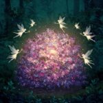 fantasy world fairies, or faelings flying around a bush