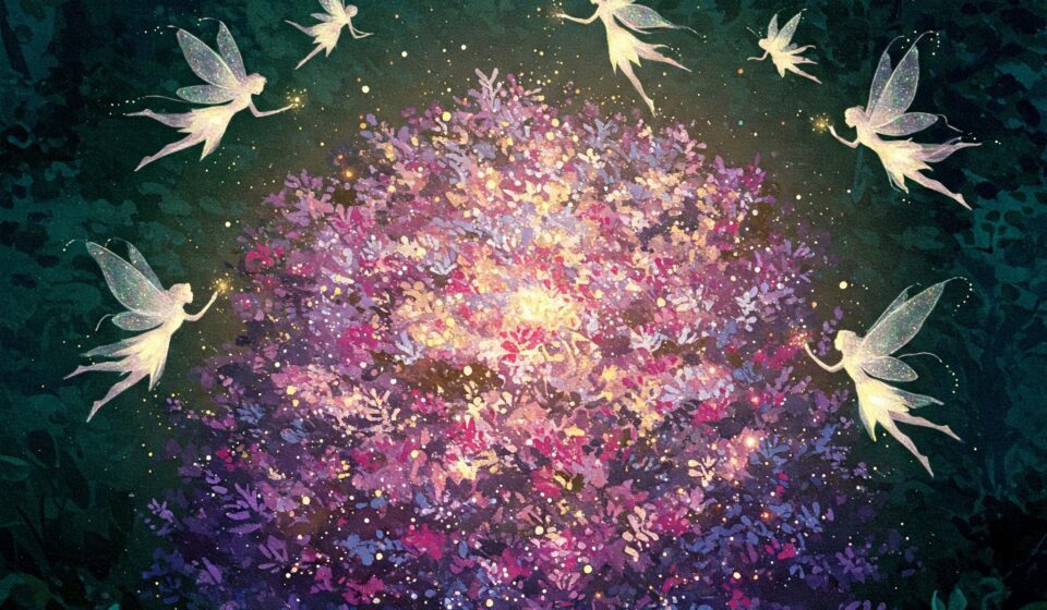 Fae, or Faelings fantasy world fairies, or faelings flying around a bush