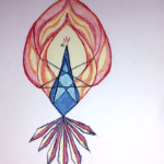 A hand-drawn illustration in colored pencils of a phoenix with wings of fire and tail feathers shaped like blades, based around the shape of a 7 pointed star.
