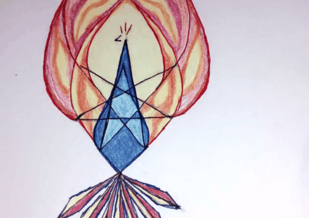 A hand-drawn illustration in colored pencils of a phoenix with wings of fire and tail feathers shaped like blades, based around the shape of a 7 pointed star.