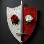 The shield of the Paladin Priestess who is a romantasy heroine: An ornate kite shaped shield, half red, half white. There is a red rose on the white side, and a white rose on the red side. A long sword, point up, is on the division between the two halves.