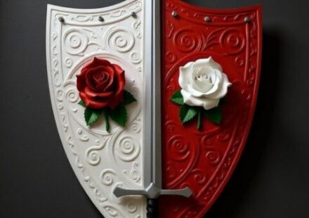 The shield of the Paladin Priestess who is a romantasy heroine: An ornate kite shaped shield, half red, half white. There is a red rose on the white side, and a white rose on the red side. A long sword, point up, is on the division between the two halves.
