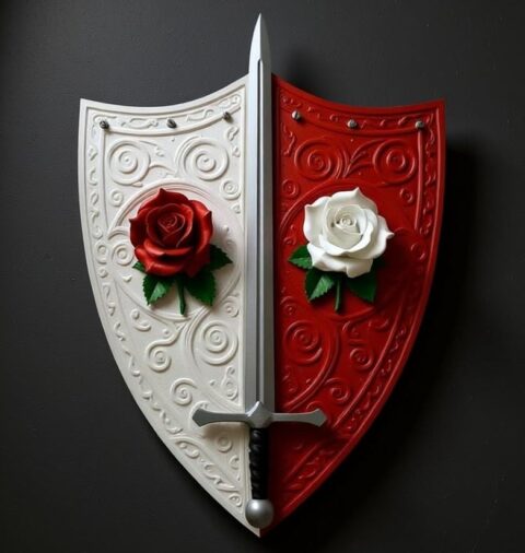 An ornate kite shaped shield, half red, half white. There is a red rose on the white side, and a white rose on the red side. A long sword, point up, is on the division between the two halves.