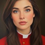 A portrait bust of a young Guardian Paladin priestess with long, dark hair and gray eyes. She has a serious expression, and is wearing a red cassock with a white collar.