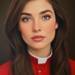 A portrait bust of a young Guardian Paladin priestess with long, dark hair and gray eyes. She has a serious expression, and is wearing a red cassock with a white collar.