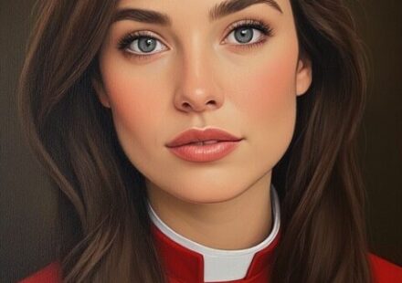 A portrait bust of a young Guardian Paladin priestess with long, dark hair and gray eyes. She has a serious expression, and is wearing a red cassock with a white collar.