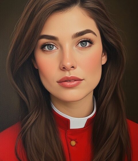 Meet Coralin: Paladin Knight of What God Has Ordained A portrait bust of a young Guardian Paladin priestess with long, dark hair and gray eyes. She has a serious expression, and is wearing a red cassock with a white collar.