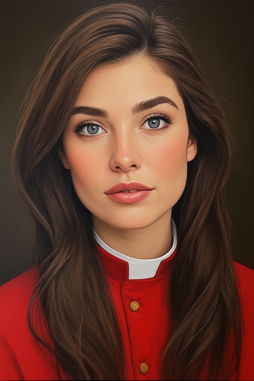 A portrait bust of a young Guardian Paladin priestess with long, dark hair and gray eyes. She has a serious expression, and is wearing a red cassock with a white collar.