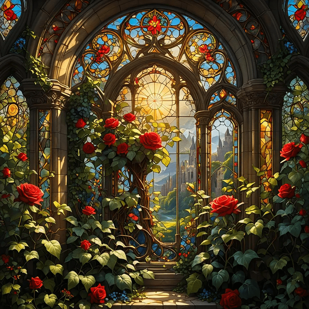 Roses growing near a cathedral-style window.