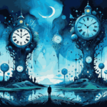 A fantastical illustration portrayed in shades of blue. Two tall towers, round at the top to contain giant clock faces with roman numerals. Smaller such towers appear around them, and are reflected in the still waters of a lake. The silhouette of a tiny human figure stands between the two tall towers. A waning crescent moon is high in the night sky.