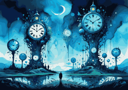 A fantastical illustration portrayed in shades of blue. Two tall towers, round at the top to contain giant clock faces with roman numerals. Smaller such towers appear around them, and are reflected in the still waters of a lake. The silhouette of a tiny human figure stands between the two tall towers. A waning crescent moon is high in the night sky.