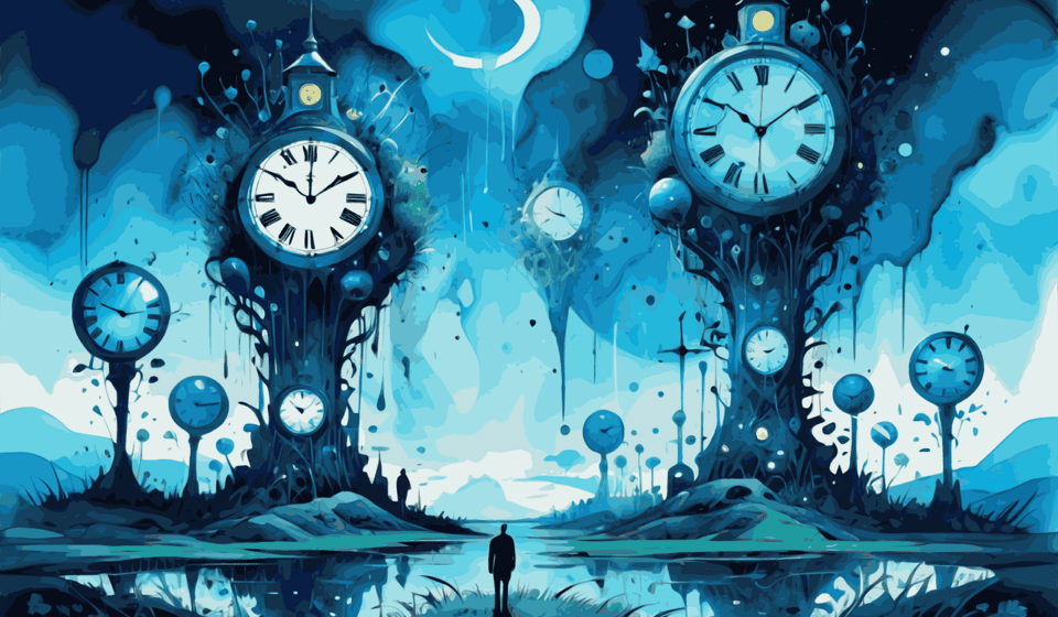 A fantastical illustration portrayed in shades of blue. Two tall towers, round at the top to contain giant clock faces with roman numerals. Smaller such towers appear around them, and are reflected in the still waters of a lake. The silhouette of a tiny human figure stands between the two tall towers. A waning crescent moon is high in the night sky.