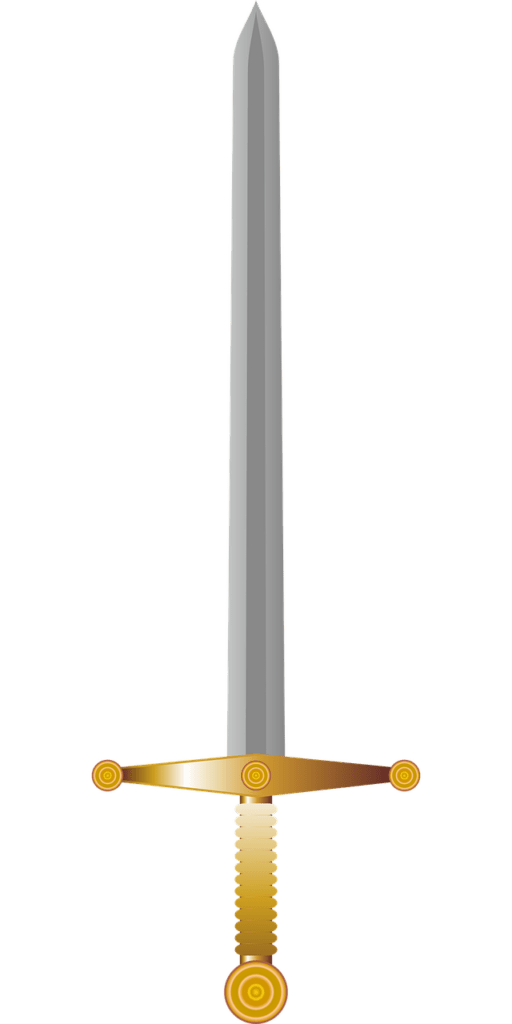 A long sword, point up, with a golden handle, cross-guard, and pommel.