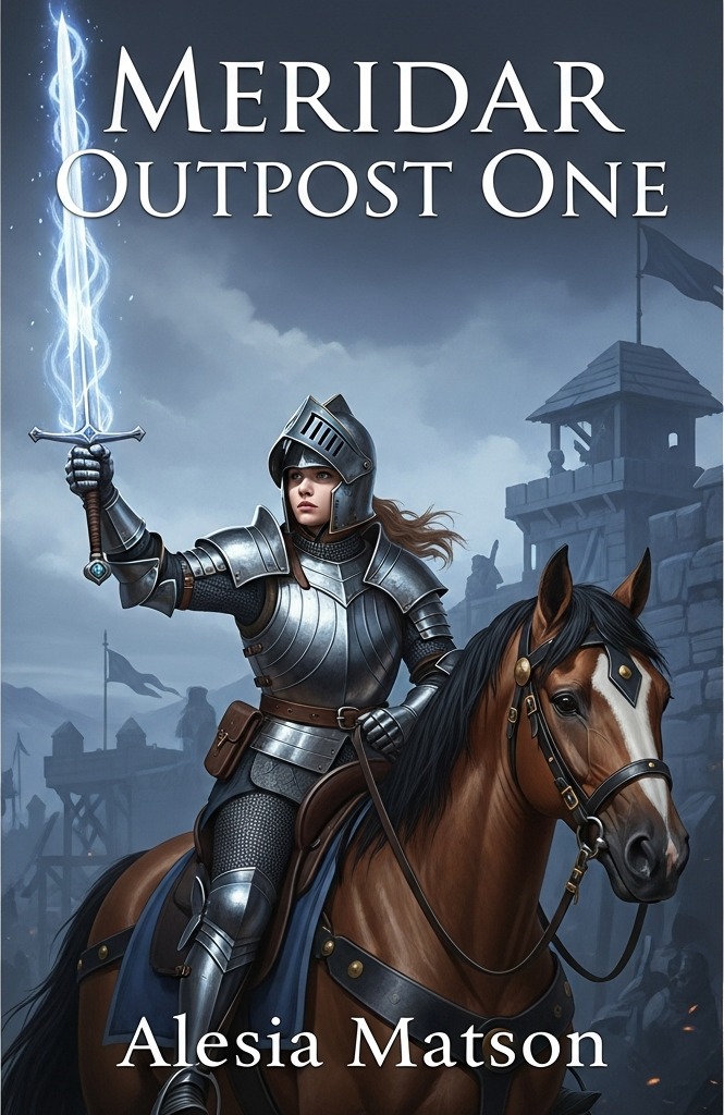 Cover image for the character-driven fantasy novelette from Metaphor Publications, titled Meridar Outpost One. A female knight on horseback holds aloft a glowing sword. A silhouette of a fortress is in the background.