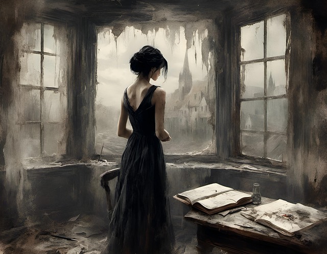 Depression: an illustration of a woman standing in a shabby room with an open, unfinished book on the table nearby.
