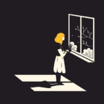 A visual respresentation of diepression: An illustration of a girl standing in a dark room lit solely by light coming through a window.