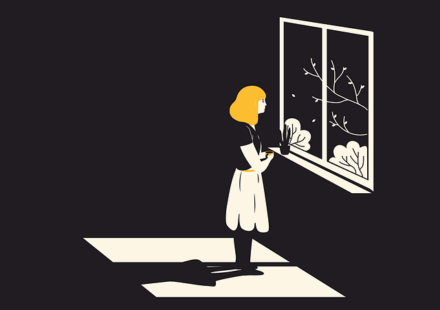 A visual respresentation of writing through depression: An illustration of a girl standing in a dark room lit solely by light coming through a window.