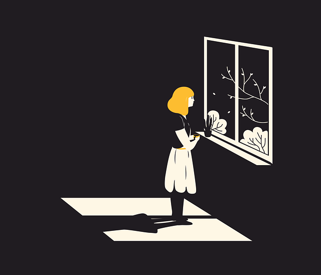 A visual respresentation of diepression: An illustration of a girl standing in a dark room lit solely by light coming through a window.