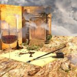A surreal depiction of classic fantasy elements---an upright open book with stairs leading up to a page, a bubbling potion in a wine glass, a couple of antique keys, and a quill pen with an ink pot---on a wooden tabletop, set as a horizon against a cloudy sky.