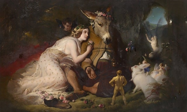 A reproduction of the painting by Edwin Landseer, inspired by
William Shakespeare---who knew a lot about storytelling and character-driven fantasy fiction---entitled Dream Scene Of A Summer Night. It portrays the iconic image of Titania snuggling up to the ass-headed Bottom while fairies gather 'round. 