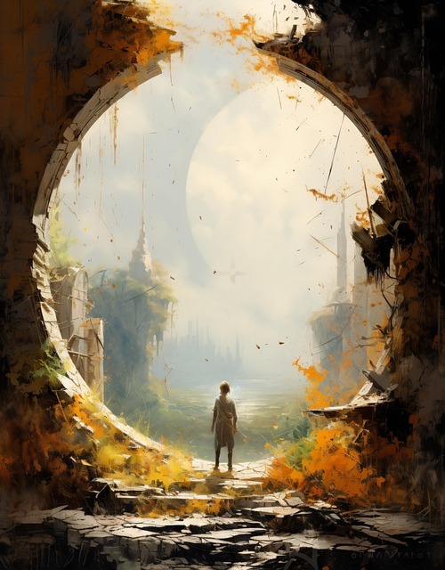 A lone traveler in a fantasy fiction landscape stands in a ruined circular arch, gazing at a sunlit valley with a distant spire and autumn foliage and pondering the nature of his hero's quest.