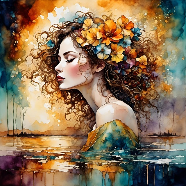 Artistic portrait of a woman with a vibrant flower crown, her eyes closed, side profile, watercolor landscape reflection beneath. The inner journey of a hero's quest.