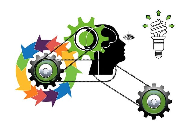 A black silhouette of a human head with its brain outlined in white, with colorful wheels, gears, and belts to simulate "thinking," and an LED lightbulb to signify an idea. Not a bad representation of  character-driven fantasy fiction plot development in storytelling.