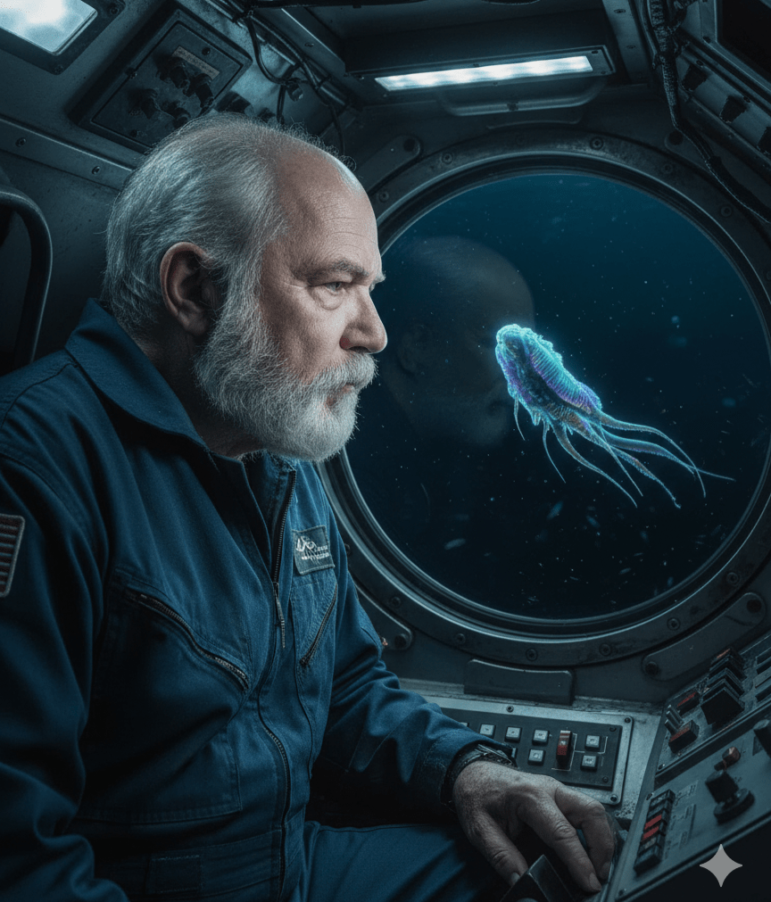 Michael in a blue space suit sits inside a spacecraft, meditating on a glowing jellyfish and writing character-driven fantasy fiction from the world of Menelon.