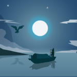 In this illustration, a low, flat boat poled by a single figure in silhouette is backlit by a large, rull white moon. This is emblematic of the Hero's Quest in fantasy fiction.