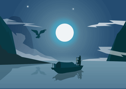 In this illustration, a low, flat boat poled by a single figure in silhouette is backlit by a large, rull white moon. This is emblematic of the Hero's Quest in fantasy fiction.