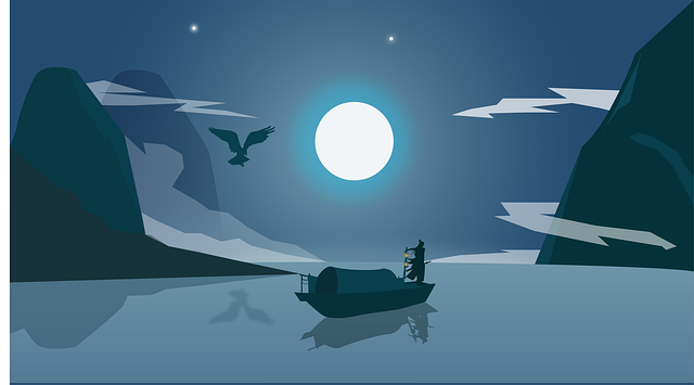 In this illustration, a low, flat boat poled by a single figure in silhouette is backlit by a large, rull white moon. This is emblematic of the Hero's Quest in fantasy fiction.