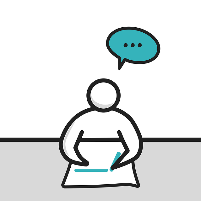 A very simple line drawing of a   human seated at a desk and holding a blue line in one hand to represent a pen. A piece of writing paper is on the desk, mostly blank. A speech bubble near the head contains three dots in a row, signifying blankness. For MetPub's post on storytelling in character-driven fantasy fiction.