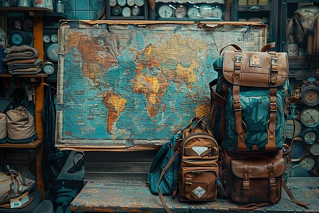 Vintage world map on a table with brown leather backpacks and travel gear in a cozy shop setting. Preparing for the Hero's Quest.