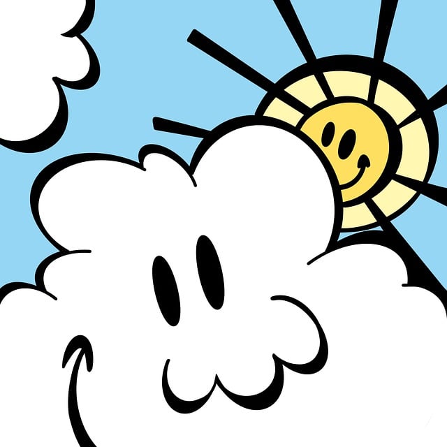 A cartoon drawing of clouds and sun, both personalized and smiling.