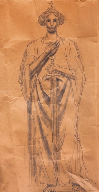 A pencil sketch on crumpled paper of a female figure in a long robe. She holds a sword in her left hand, point down. Her right hand forms a mystical symbol in front of her chest. There is a 4-pointed star hovering above her head. A symbol of the fate/higher power a Chosen One must face to meet their destiny.