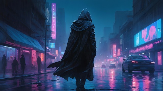 Hooded figure in a long cloak stands in a rainy, neon-lit urban street at night, with silhouettes and cars in the background. An anti- hero's quest image.