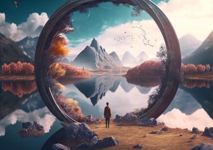A figure in silhouette stands in front of a large round portal-style gateway. Mountains and a lake in the background, while daylit clouds surrender to a moon lit sky. This portrays character-driven fiction very well.