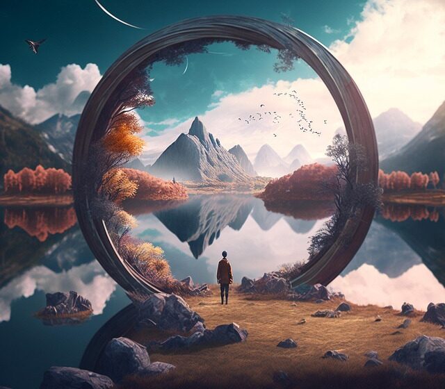 Use These 5 Tips to Master Character-Driven Fiction A figure in silhouette stands in front of a large round portal-style gateway. Mountains and a lake in the background, while daylit clouds surrender to a moon lit sky. This portrays character-driven fiction very well.