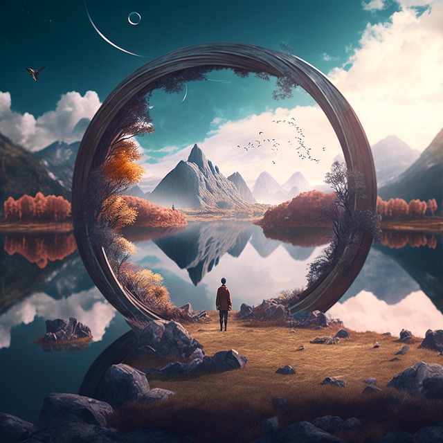 A figure in silhouette stands in front of a large round portal-style gateway. Mountains and a lake in the background, while daylit clouds surrender to a moon lit sky. This portrays character-driven fiction very well.