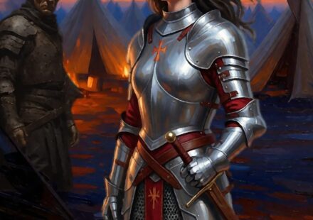 A female knight on horseback holds aloft a sword, its blade shining with power. Meridar Outpost One cover, character-driven fantasy fiction from the world of Menelon.