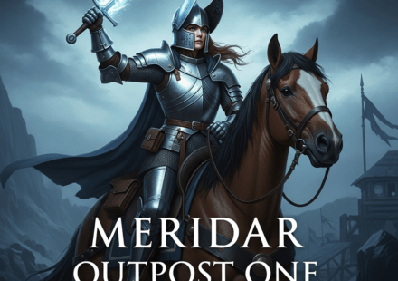 A female knight on horseback holds aloft a sword, its blade shining with power. Meridar Outpost One cover, character-driven fantasy fiction from the world of Menelon.