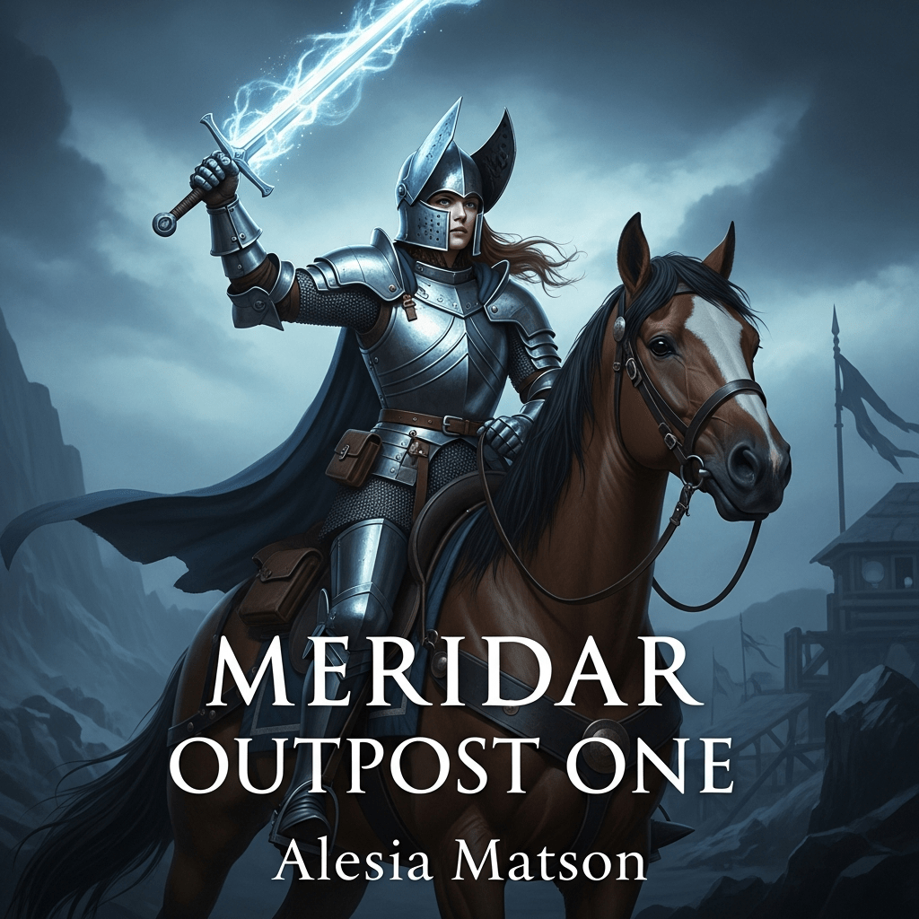 A female knight on horseback holds aloft a sword, its blade shining with power. Meridar Outpost One cover, character-driven fantasy fiction from the world of Menelon.