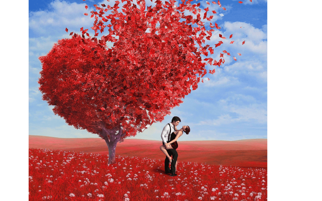 A couple in a romantasy are embracing each other in a dance pose., in an open field with red foliage and lightly clouded blue sky. A tree with heart-shaped red foliage is partially exploding from the epic romantasy vibe.