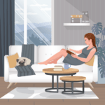 An illustration of a woman reclining on a white sofa with a pug at her feet. She's reading one of the most anticipated romantasy books of 2026.