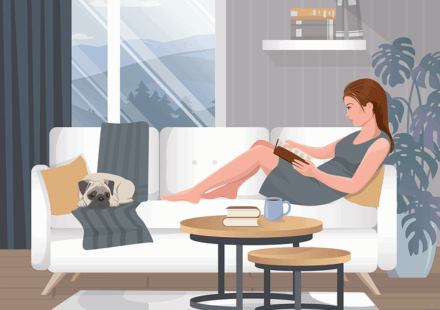 An illustration of a woman reclining on a white sofa with a pug at her feet. She's reading one of the most anticipated romantasy books of 2026.