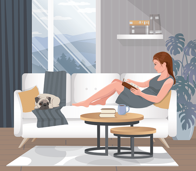 Romantasy Books 2026: 8 Most Anticipated, Including ACOTAR 6 An illustration of a woman reclining on a white sofa with a pug at her feet. She's reading one of the most anticipated romantasy books of 2026.