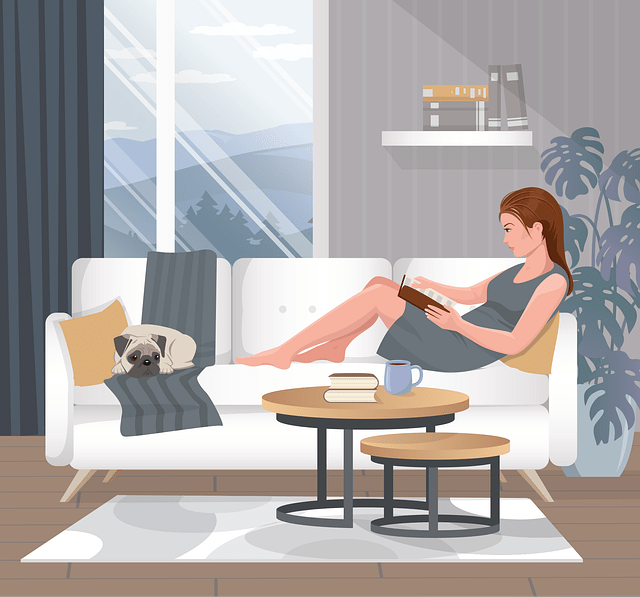 An illustration of a woman reclining on a white sofa with a pug at her feet. She's reading one of the most anticipated romantasy books of 2026.