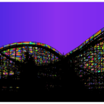 A roller coaster in silhouette, with the open spaces in the structure filled in rainbow colors. Running and indie press is a lot like riding a roller coaster!
